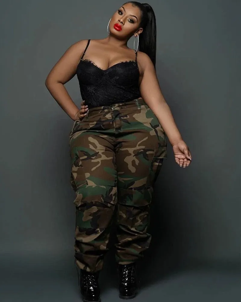 High Waist Cargo Pockets Plus Size Camouflage Pants
