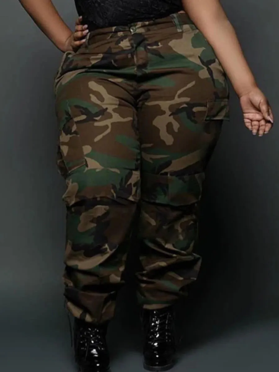 High Waist Cargo Pockets Plus Size Camouflage Pants