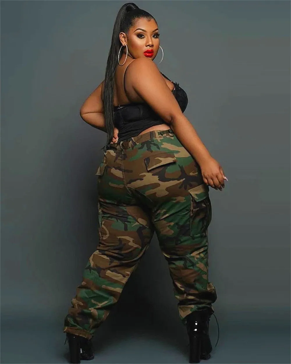 High Waist Cargo Pockets Plus Size Camouflage Pants
