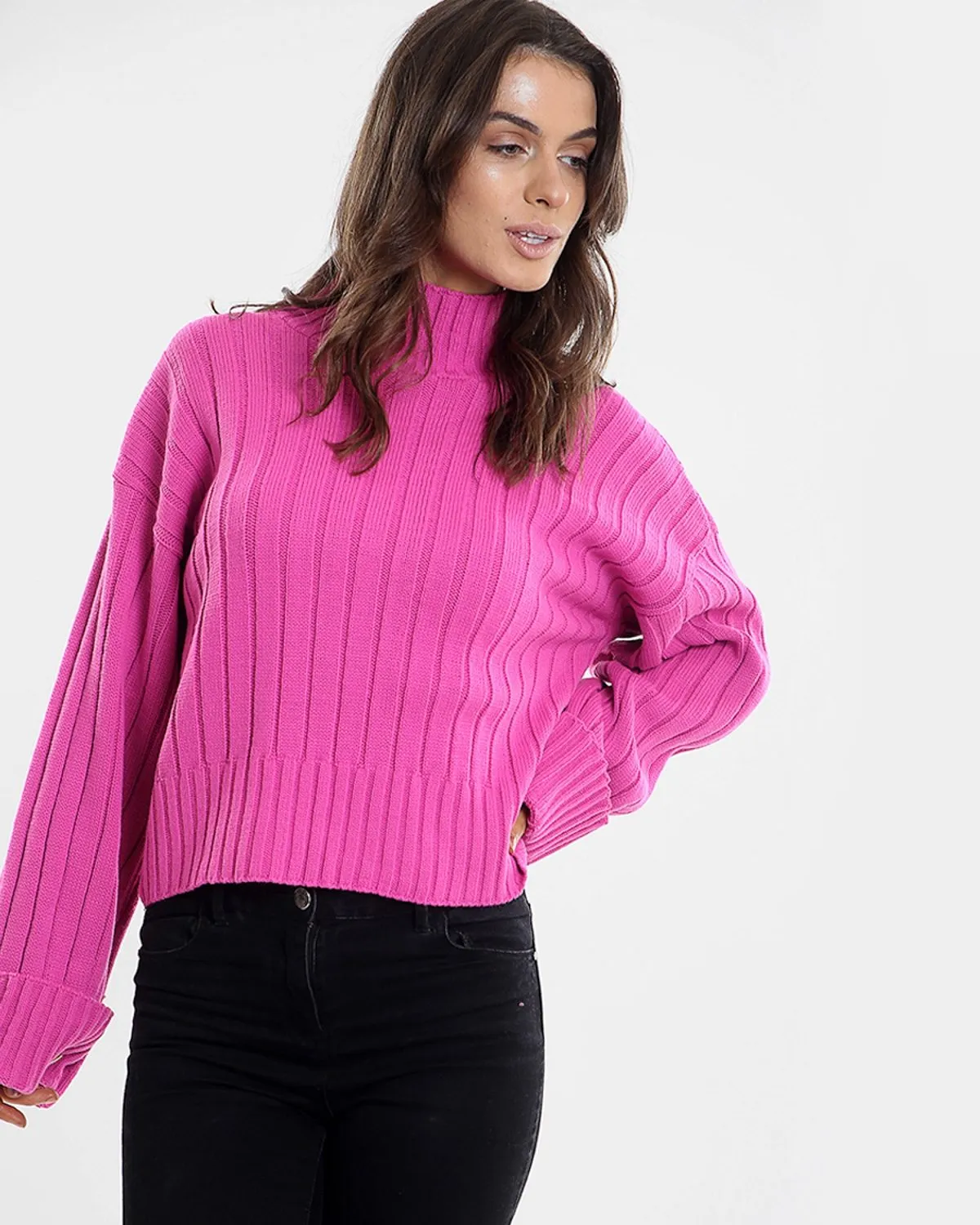 Karlie Turtle Neck Knitted Jumper In Fuchsia
