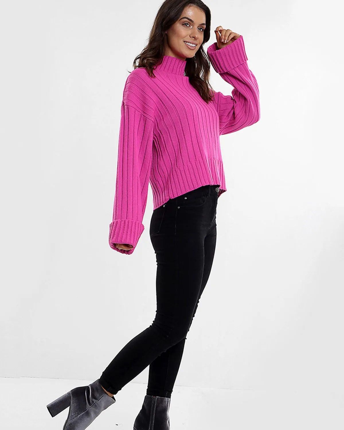 Karlie Turtle Neck Knitted Jumper In Fuchsia