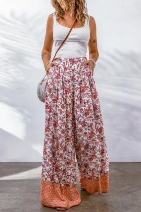 Kenzie - Red Floral Print Shirred High Waist Wide Leg Pants