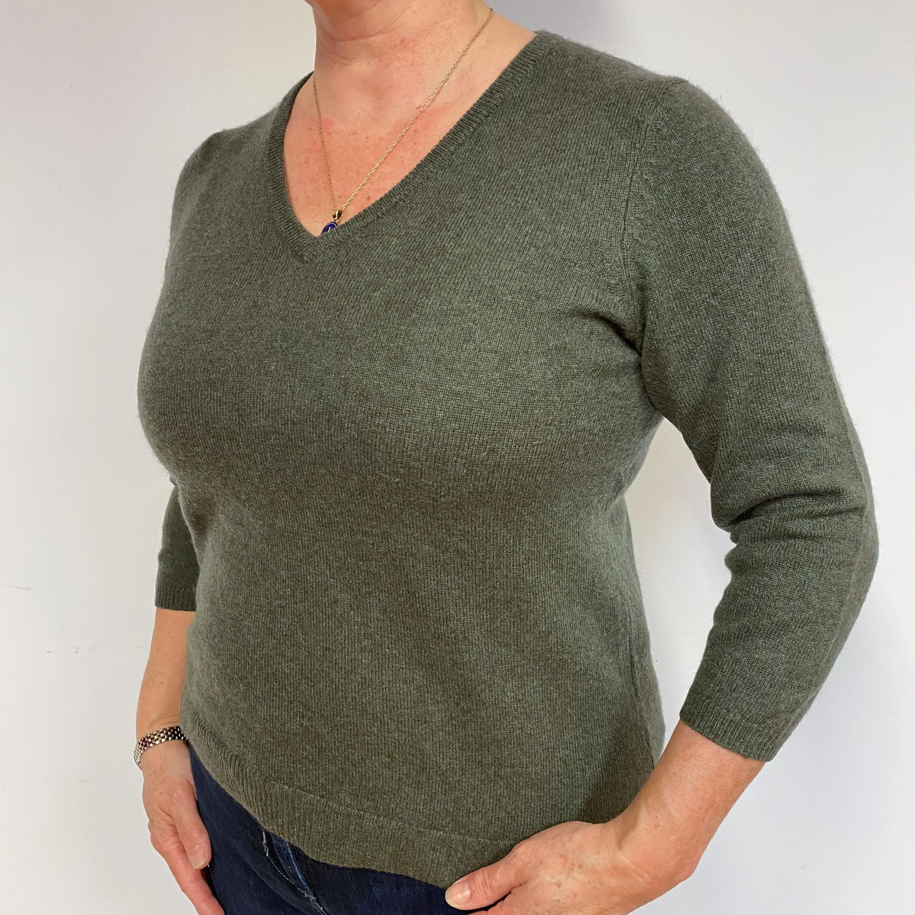 Khaki Green 3/4 Sleeve Cashmere V-Neck Jumper Large