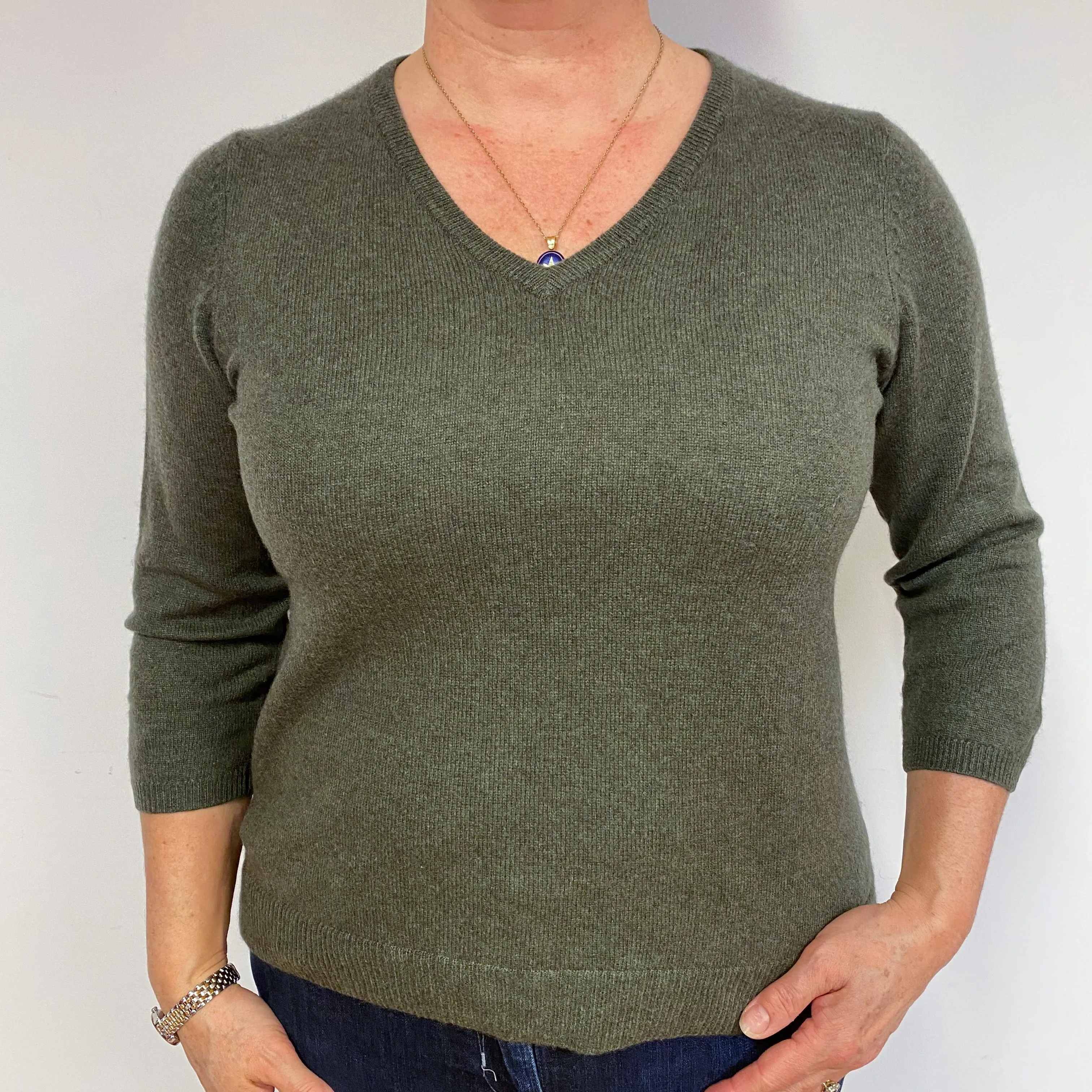 Khaki Green 3/4 Sleeve Cashmere V-Neck Jumper Large