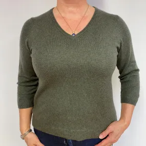 Khaki Green 3/4 Sleeve Cashmere V-Neck Jumper Large