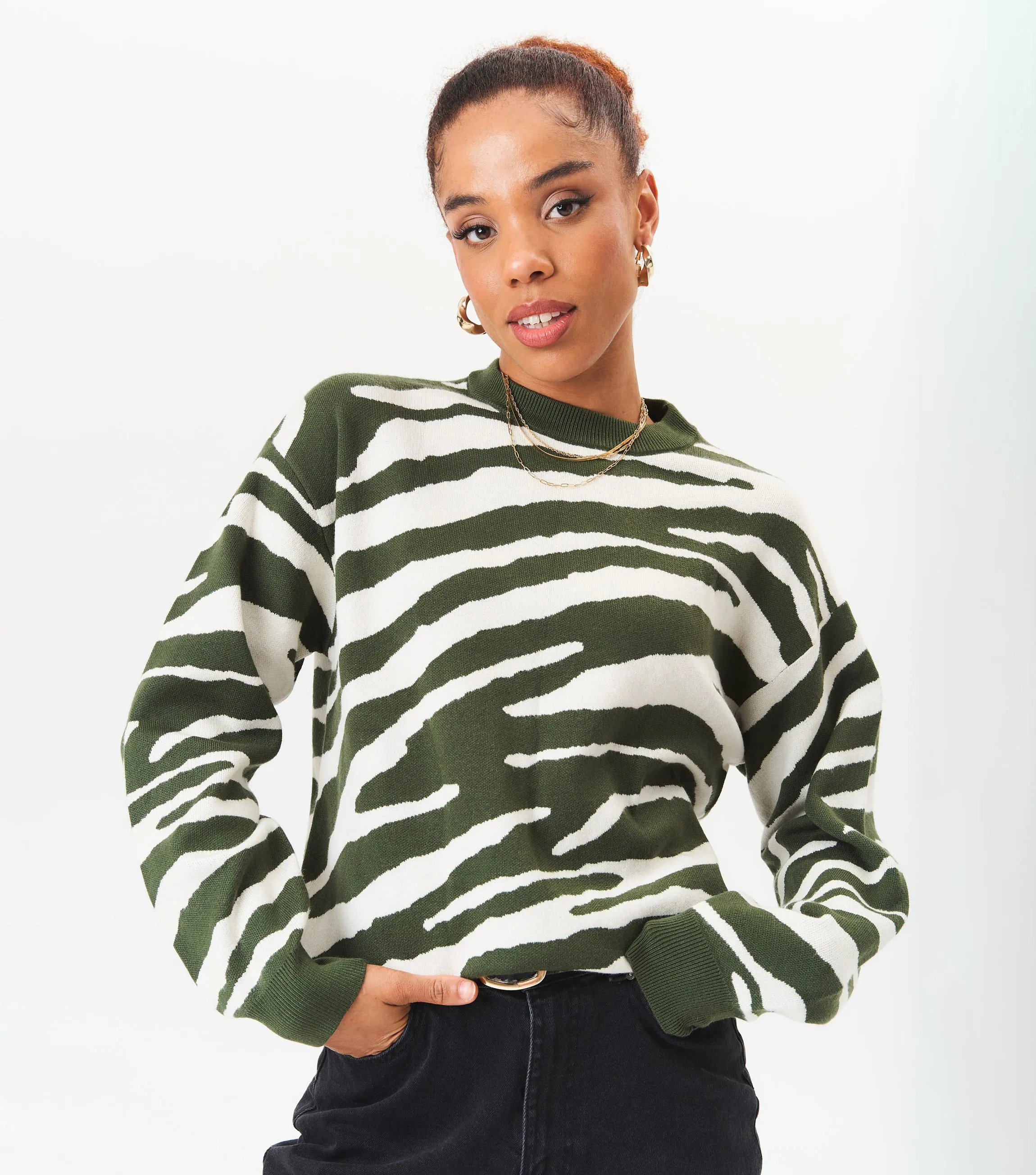 Khaki Zebra Print Oversized Jumper