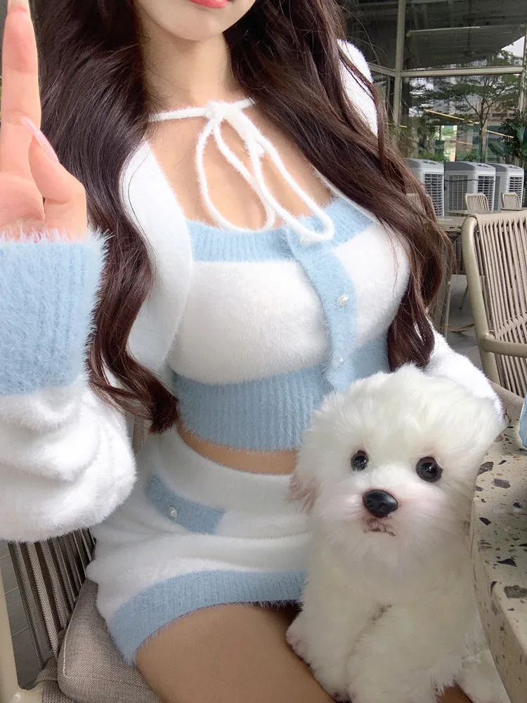 Knit Chic Baby White Blue Camisole Cardigan Skirt Three Piece Set