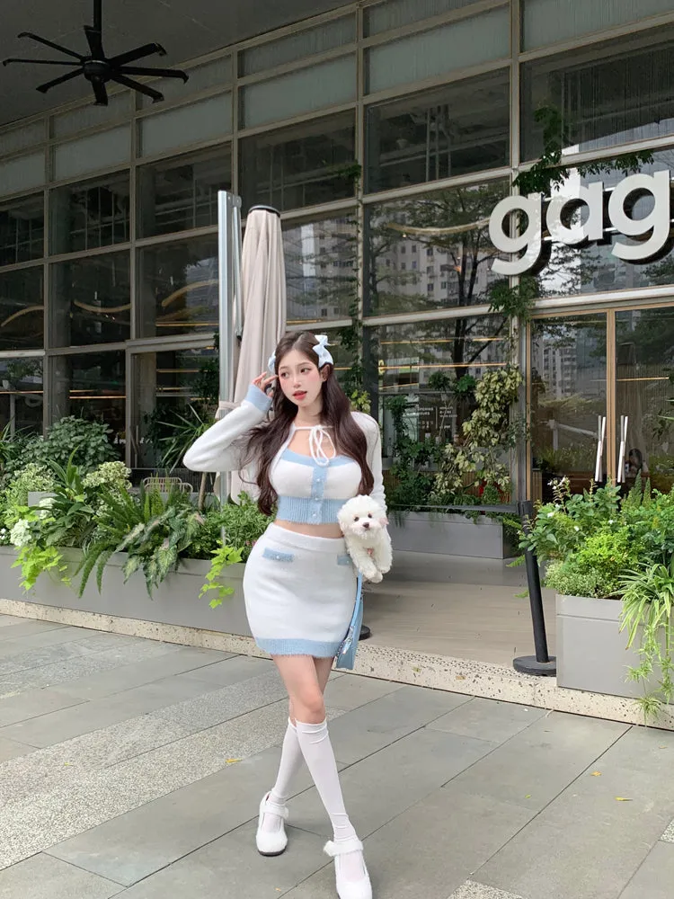 Knit Chic Baby White Blue Camisole Cardigan Skirt Three Piece Set