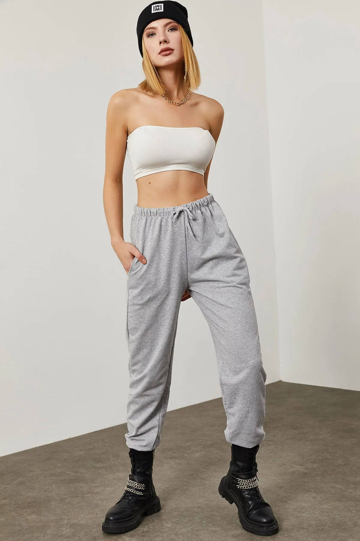 Lace-Waist Grey Sweatpants