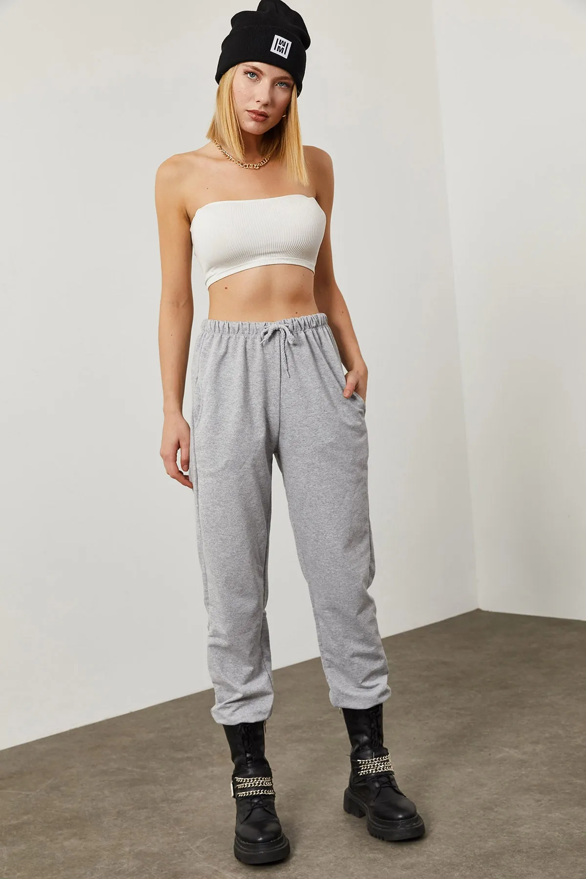 Lace-Waist Grey Sweatpants