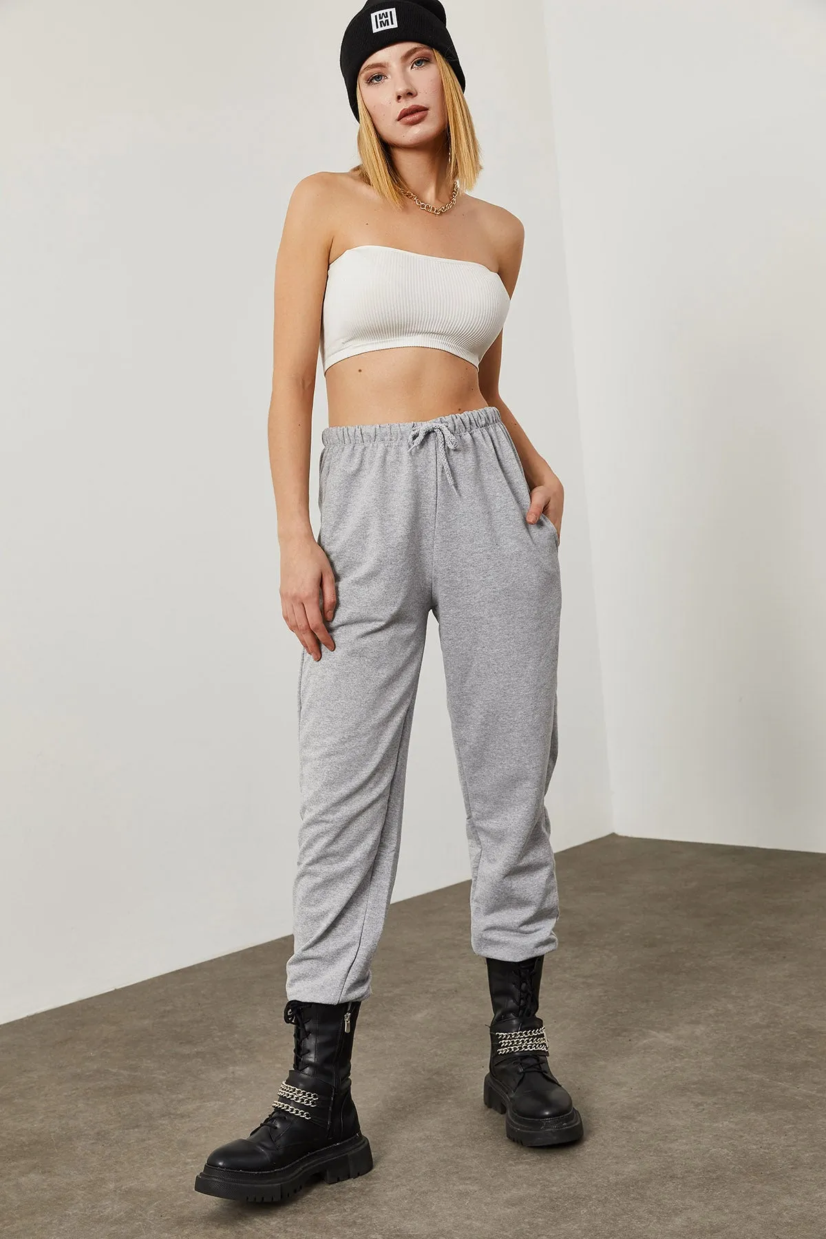 Lace-Waist Grey Sweatpants