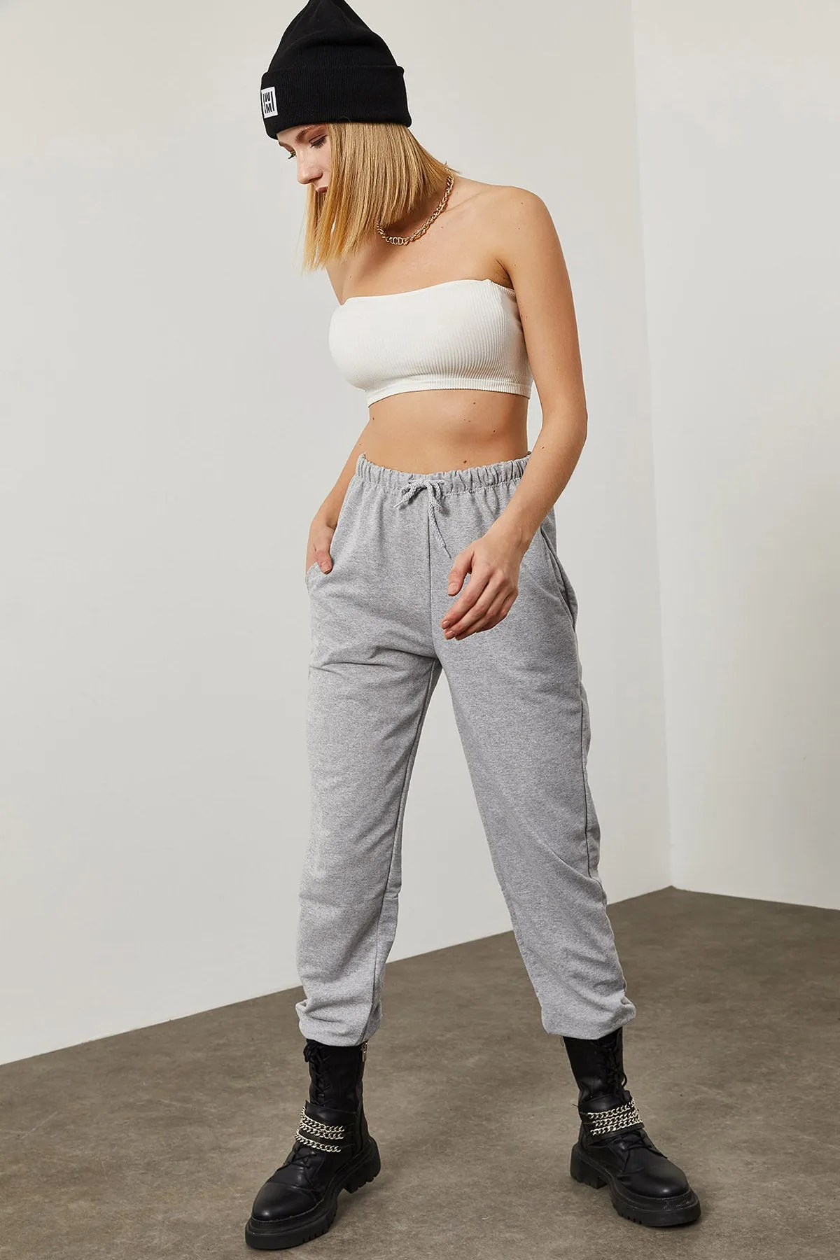 Lace-Waist Grey Sweatpants