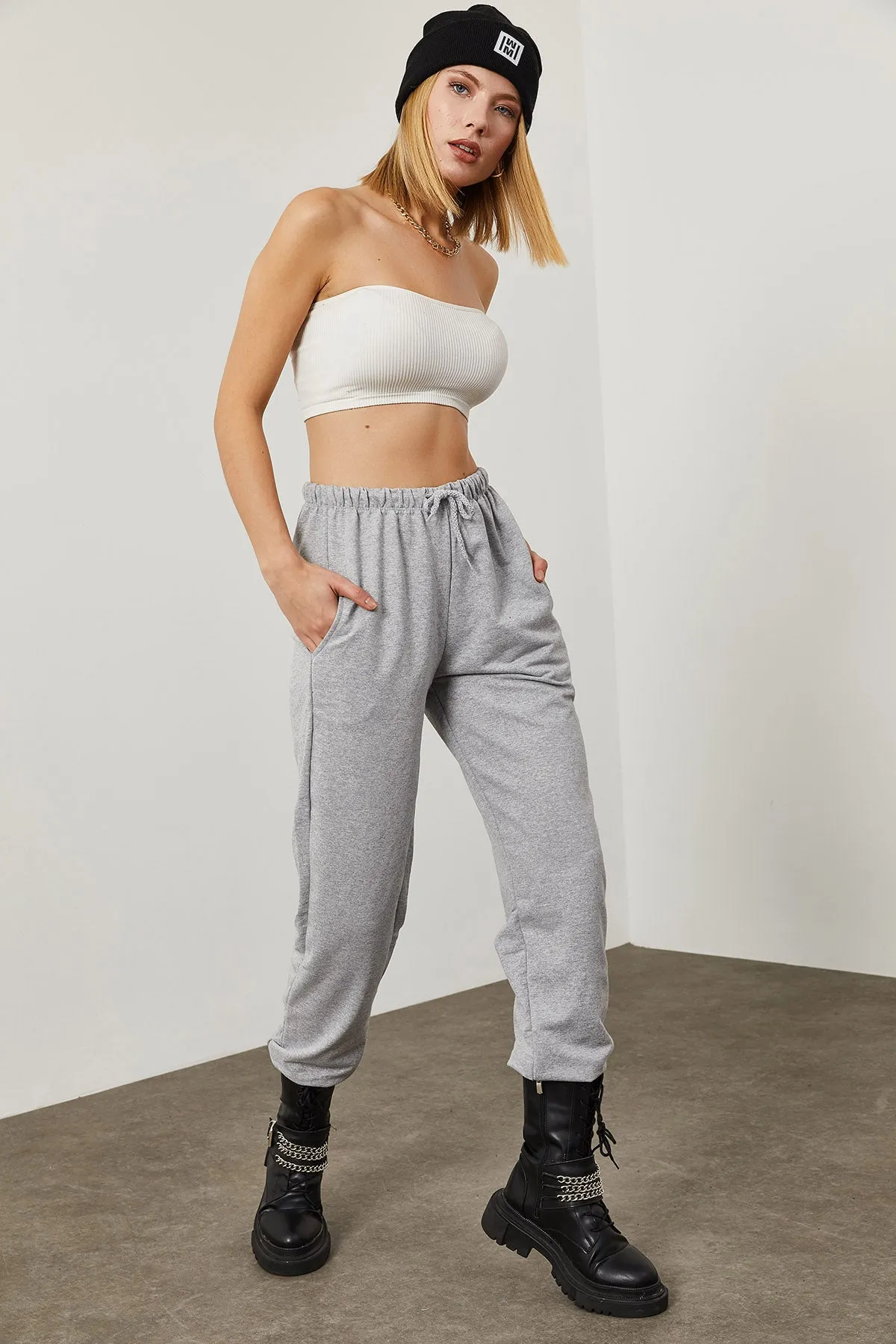Lace-Waist Grey Sweatpants