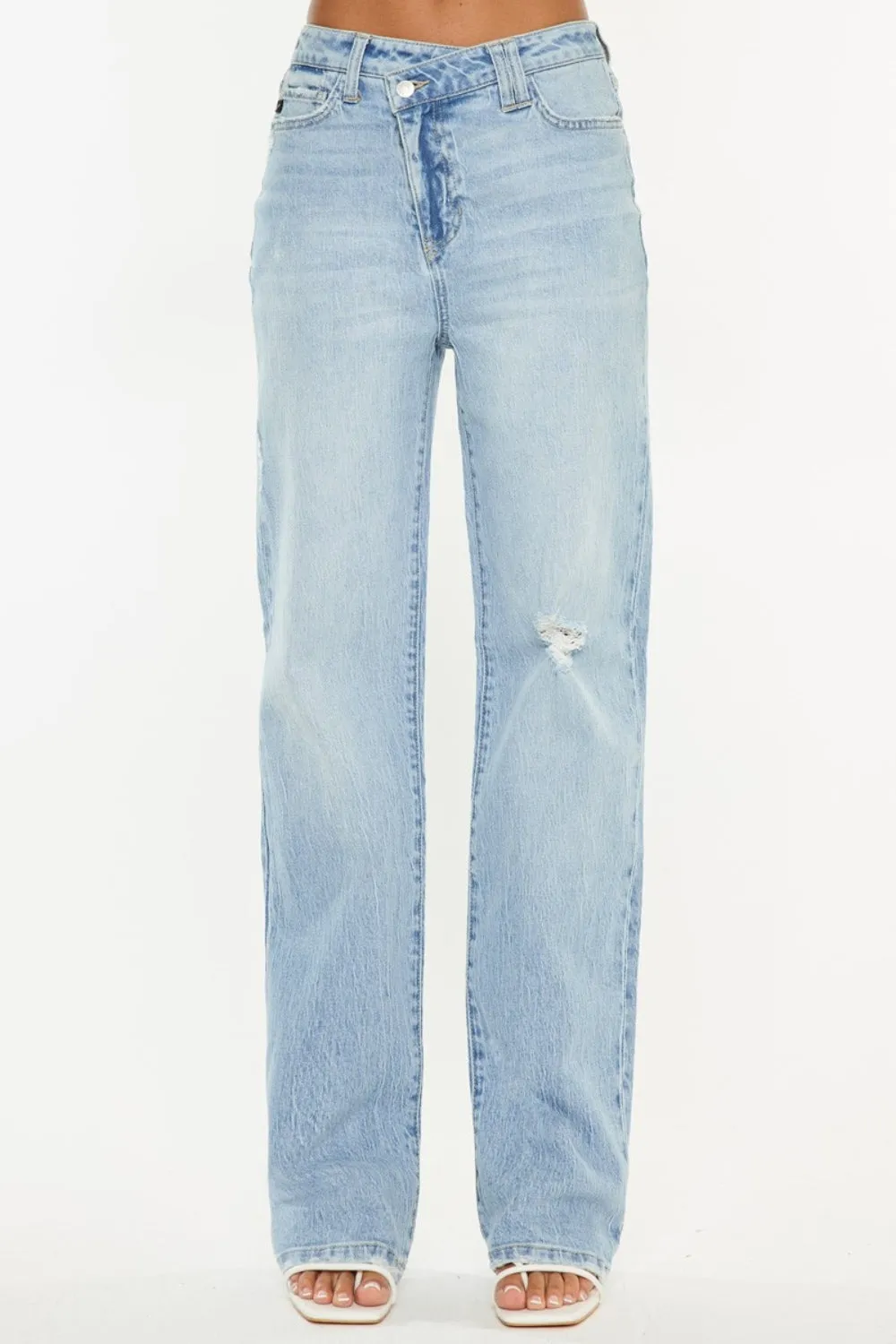 Light Blue Distressed High Waist Straight Jeans