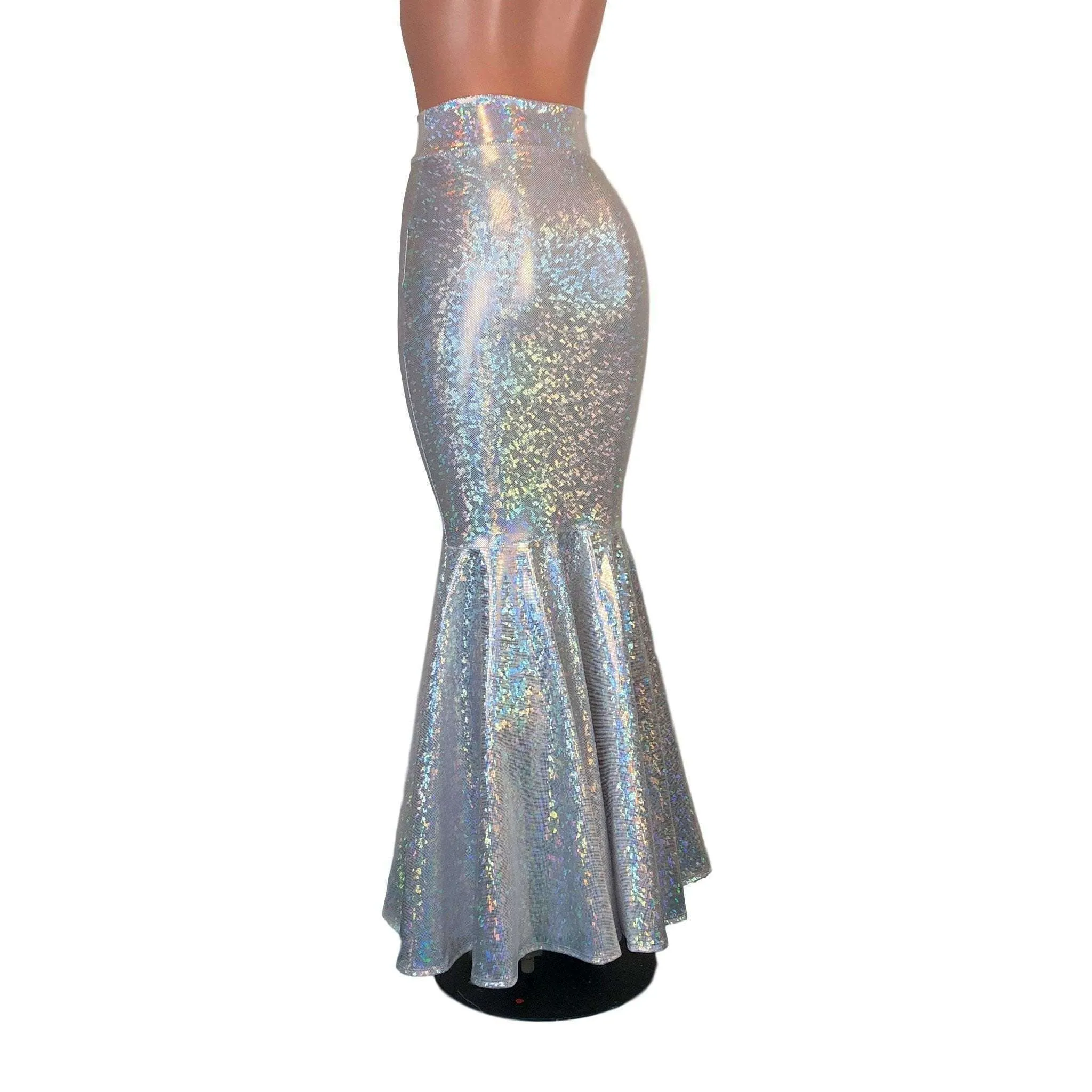 Long Mermaid Skirt - Silver on White Shattered Glass Fit n Flare Maxi Skirt