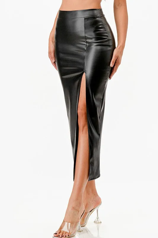 Long Pu Leather Pencil Skirt With Open Slit Waist Band