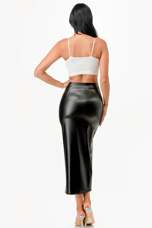 Long Pu Leather Pencil Skirt With Open Slit Waist Band