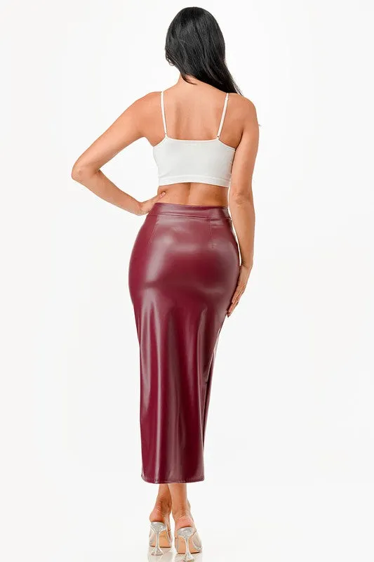 Long Pu Leather Pencil Skirt With Open Slit Waist Band
