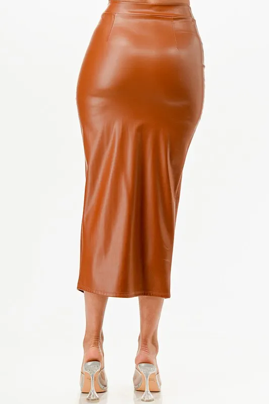 Long Pu Leather Pencil Skirt With Open Slit Waist Band