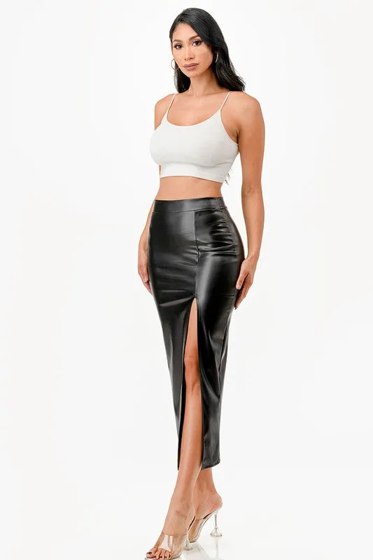 Long Pu Leather Pencil Skirt With Open Slit Waist Band