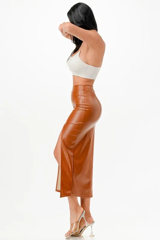 Long Pu Leather Pencil Skirt With Open Slit Waist Band