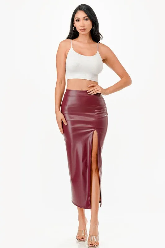 Long Pu Leather Pencil Skirt With Open Slit Waist Band