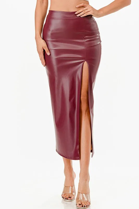 Long Pu Leather Pencil Skirt With Open Slit Waist Band