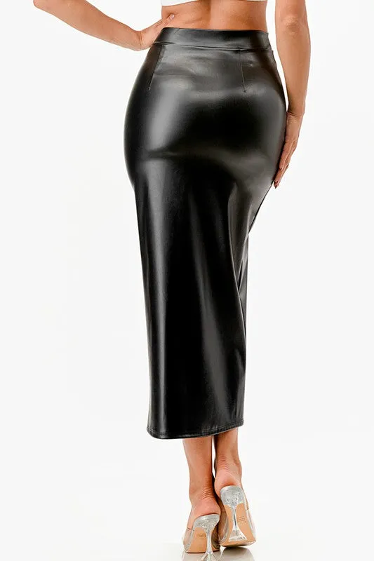Long Pu Leather Pencil Skirt With Open Slit Waist Band