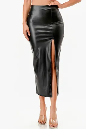 Long Pu Leather Pencil Skirt With Open Slit Waist Band