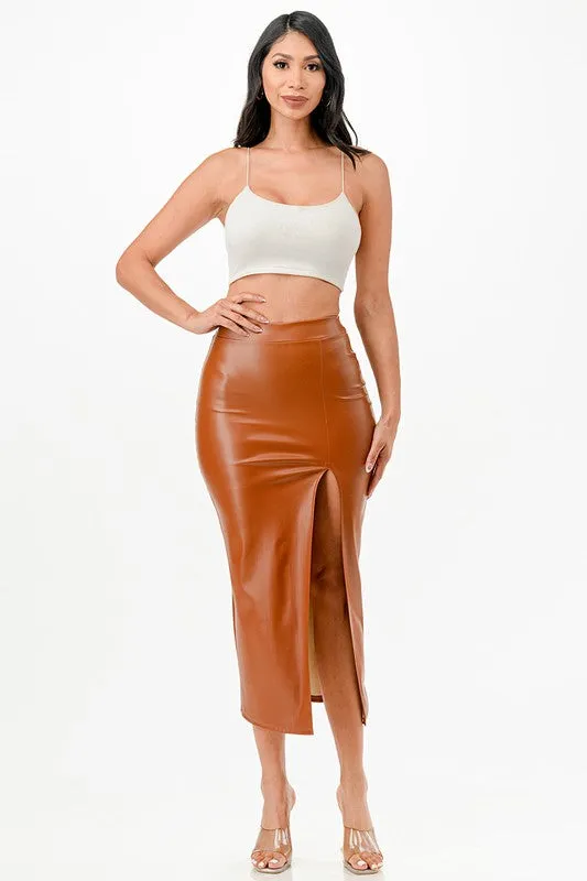 Long Pu Leather Pencil Skirt With Open Slit Waist Band