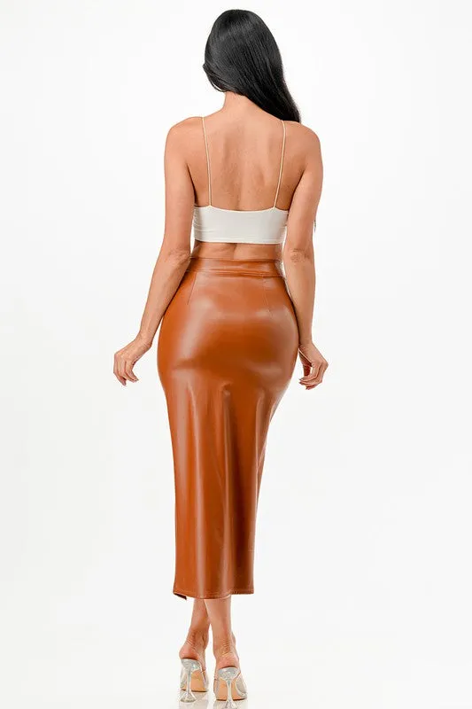 Long Pu Leather Pencil Skirt With Open Slit Waist Band