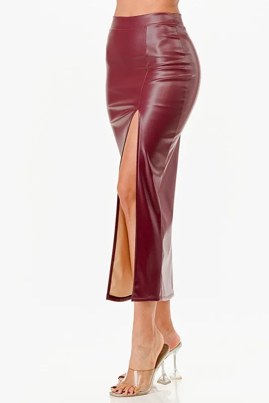 Long Pu Leather Pencil Skirt With Open Slit Waist Band
