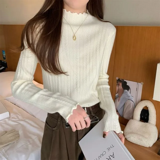 Long-Sleeve Mock Neck Plain Jacquard Lettuce Edge Knit Top