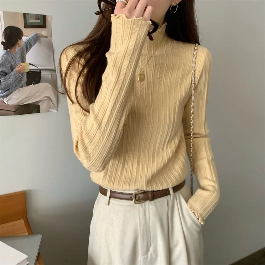 Long-Sleeve Mock Neck Plain Jacquard Lettuce Edge Knit Top