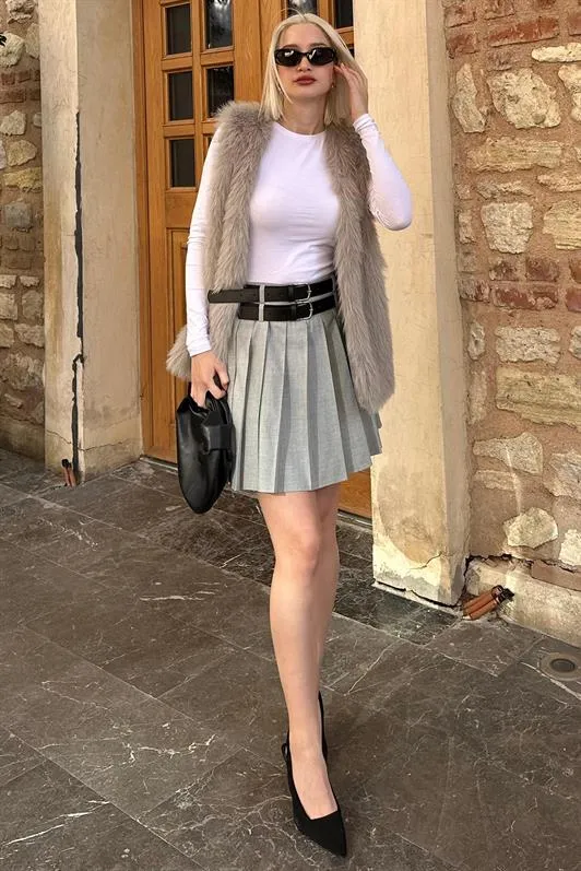 MDX Gray Pleated Two-Belted Women's Skirt MG2246 - Korydallós