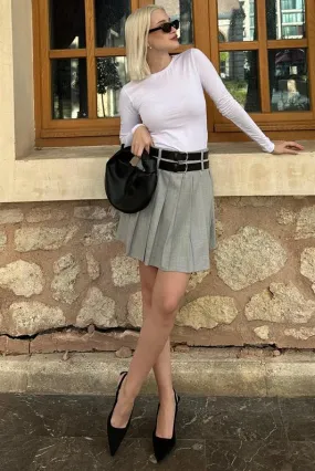 MDX Gray Pleated Two-Belted Women's Skirt MG2246 - Korydallós