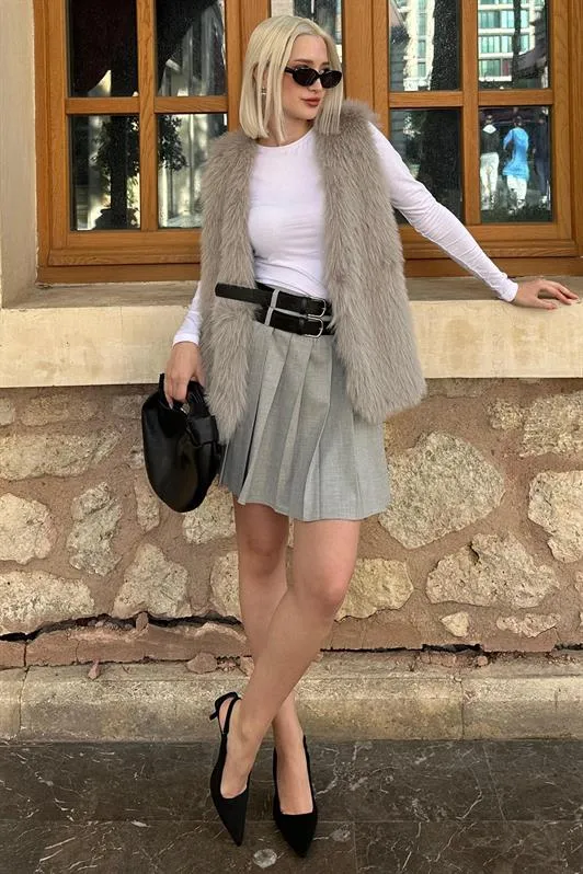 MDX Gray Pleated Two-Belted Women's Skirt MG2246 - Korydallós