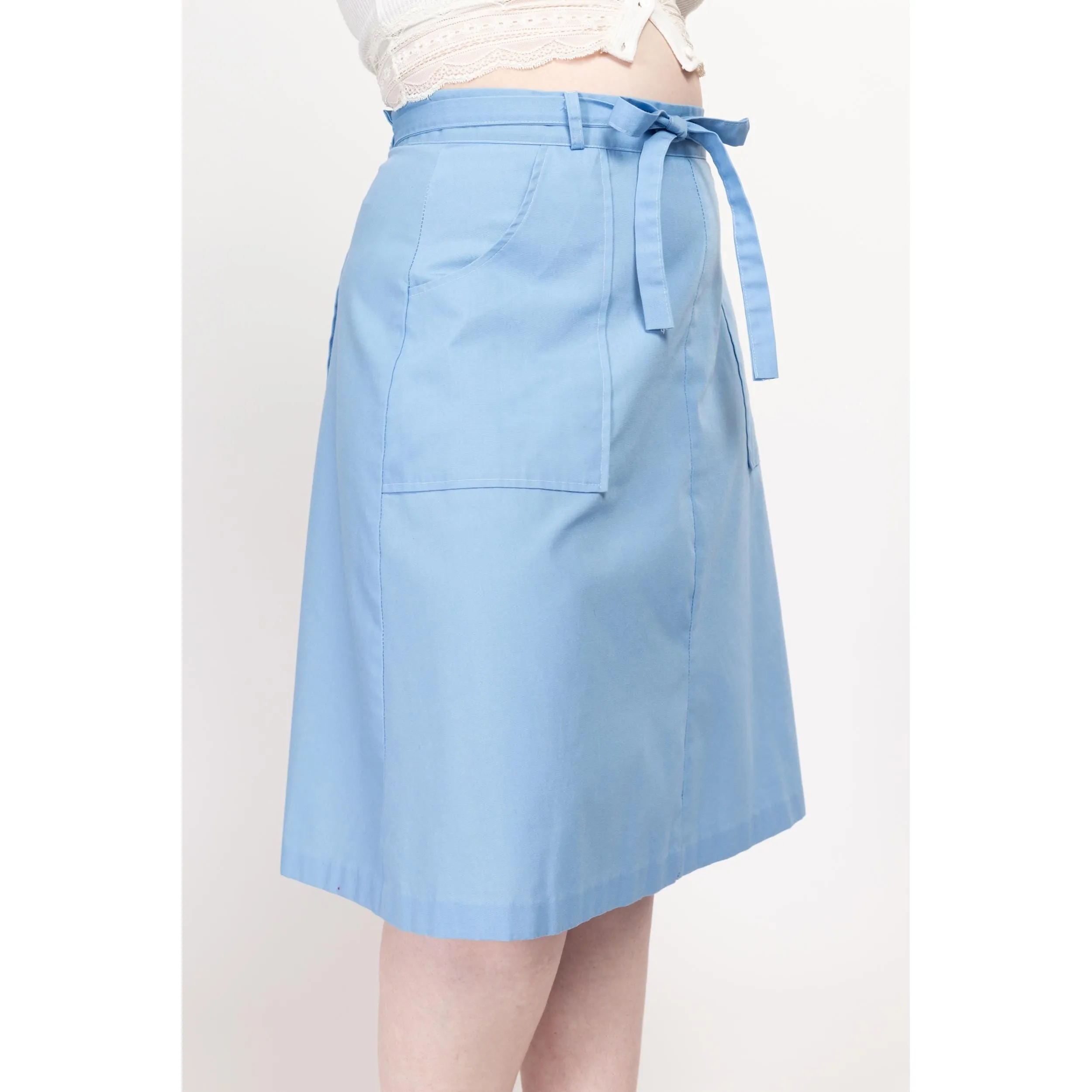Medium 70s Sky Blue Midi Wrap Skirt 30”