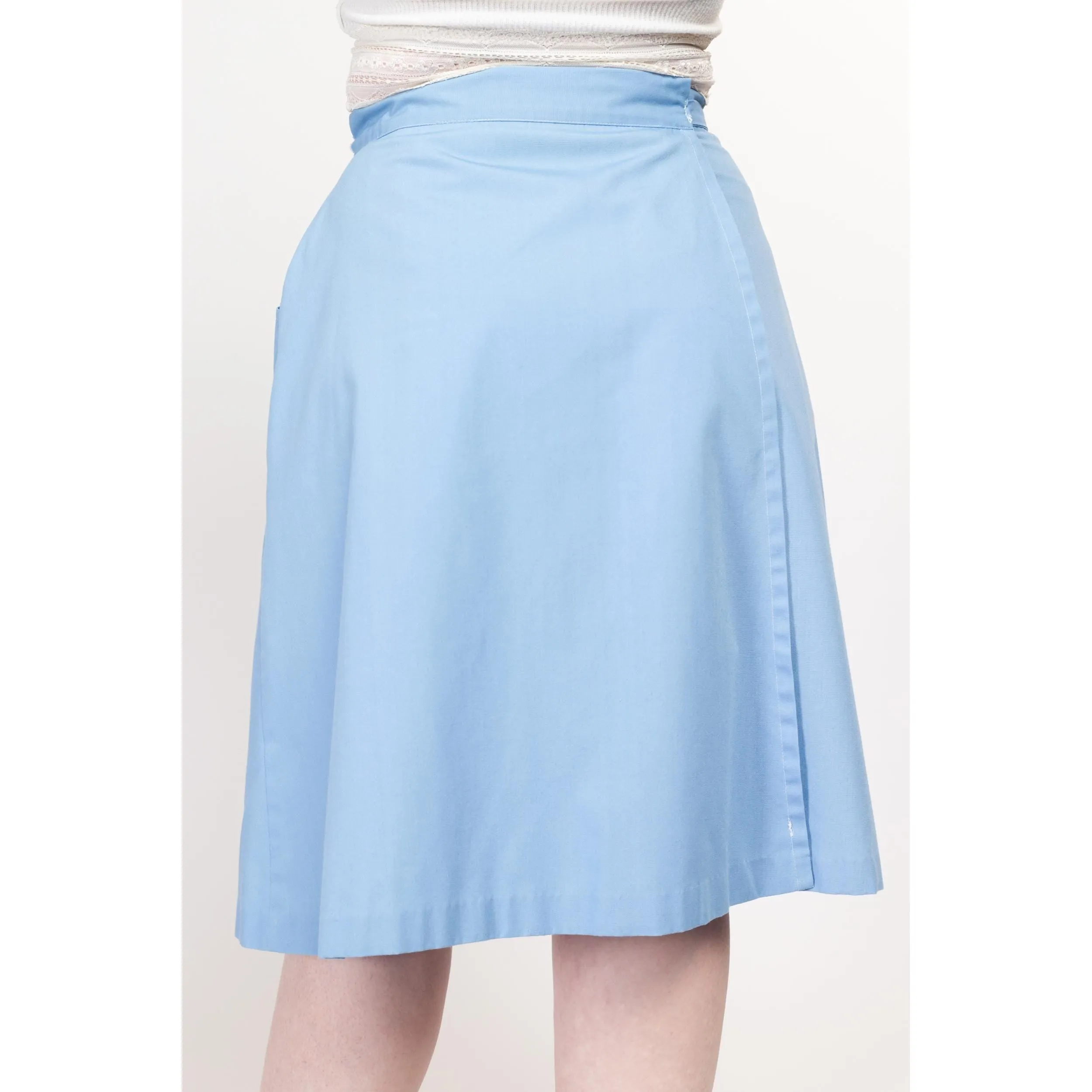 Medium 70s Sky Blue Midi Wrap Skirt 30”