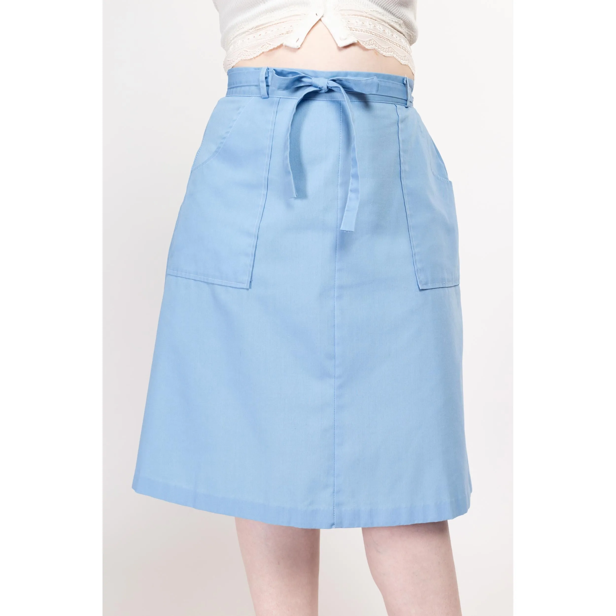 Medium 70s Sky Blue Midi Wrap Skirt 30”