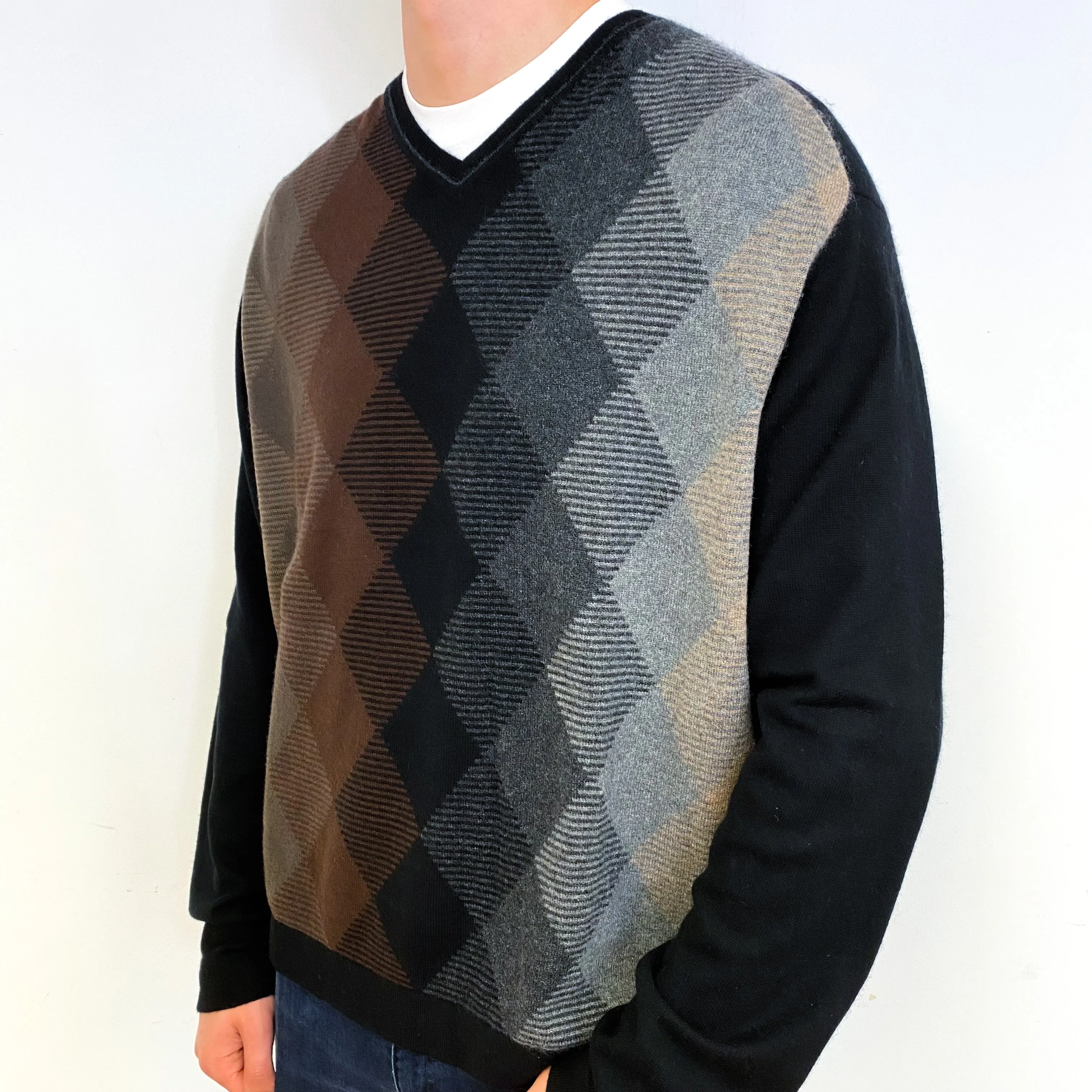 Men's Black Brown Diamond Cashmere V-Neck Jumper Extra Extra Large