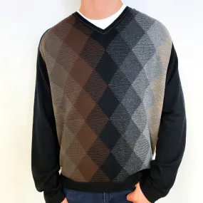 Men's Black Brown Diamond Cashmere V-Neck Jumper Extra Extra Large