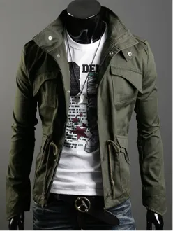 Mens Green Stand Up Collar Short Parka
