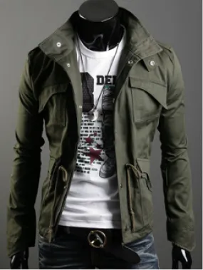 Mens Green Stand Up Collar Short Parka