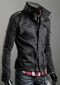 Mens Green Stand Up Collar Short Parka