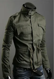 Mens Green Stand Up Collar Short Parka