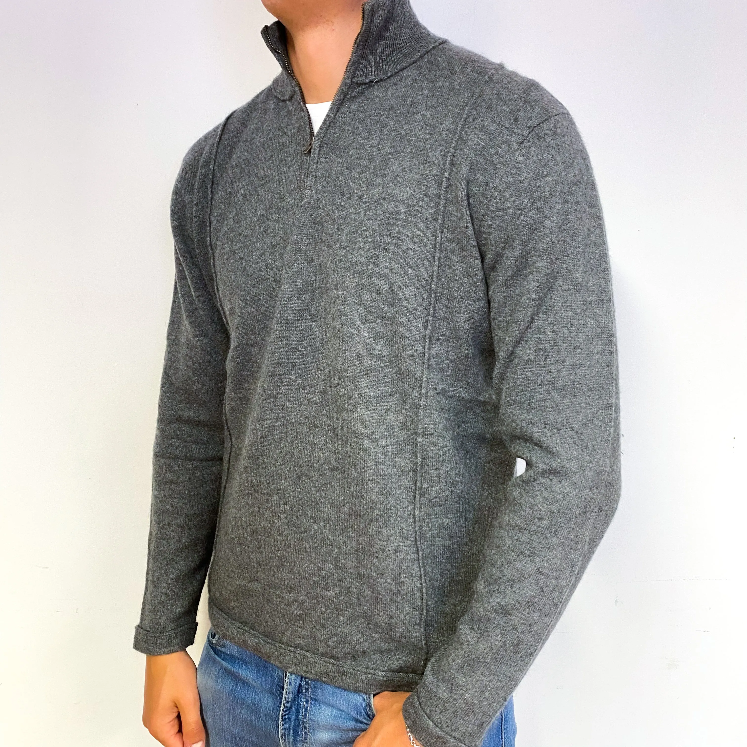 Men's Slate Grey Cashmere Quarter Zip Jumper Extra Large