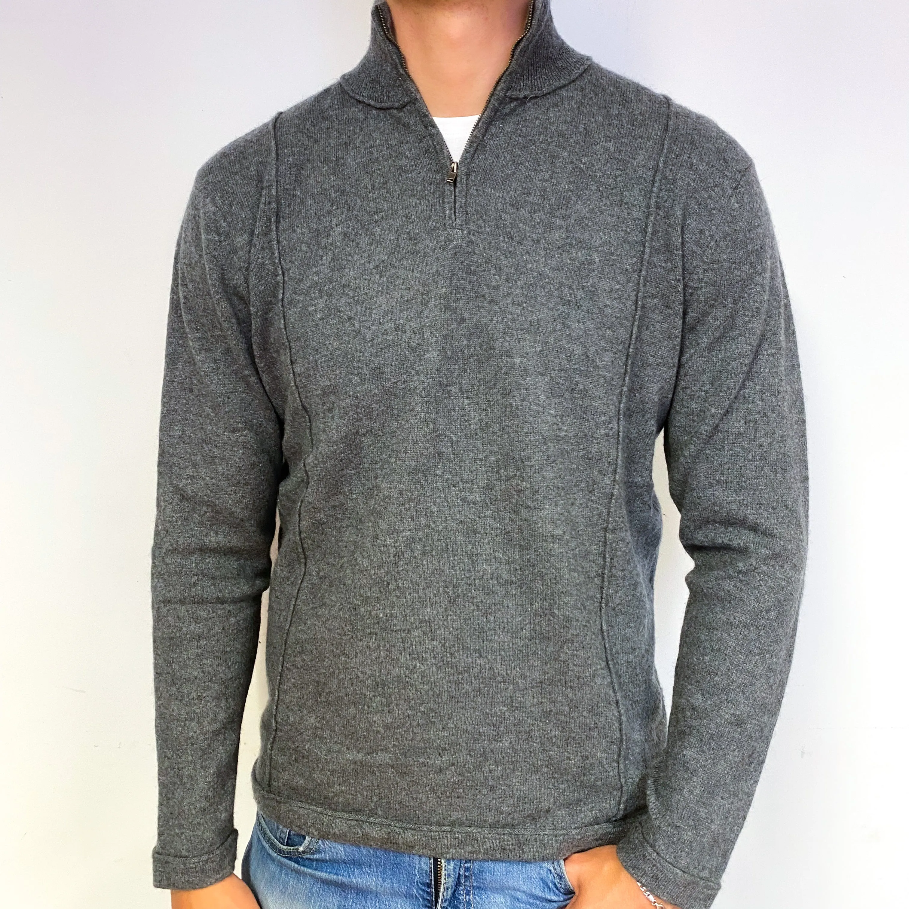 Men's Slate Grey Cashmere Quarter Zip Jumper Extra Large