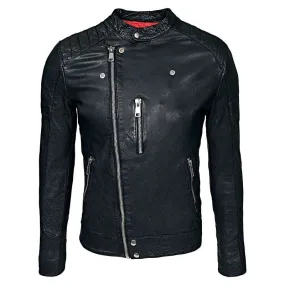 Mens Waxed Sheepskin Leather Cafe Racer Biker Jacket Black
