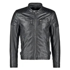 Mens Waxed Sheepskin Quilted Leather Jacket Black
